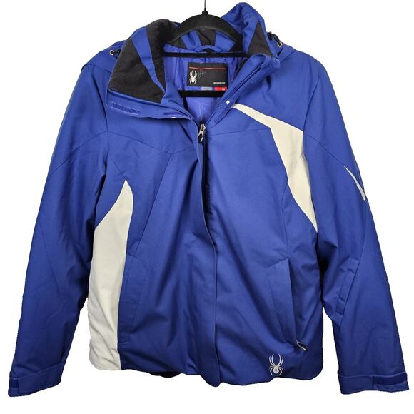 Spyder Insulated Blue White Hooded Jacket Ski Snowboard Coat Women 12 Thinsulate - Picture 1 of 8